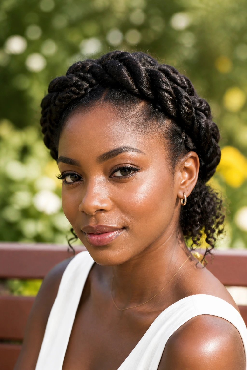 Portrait of a woman wearing chunky two-strand crown twists