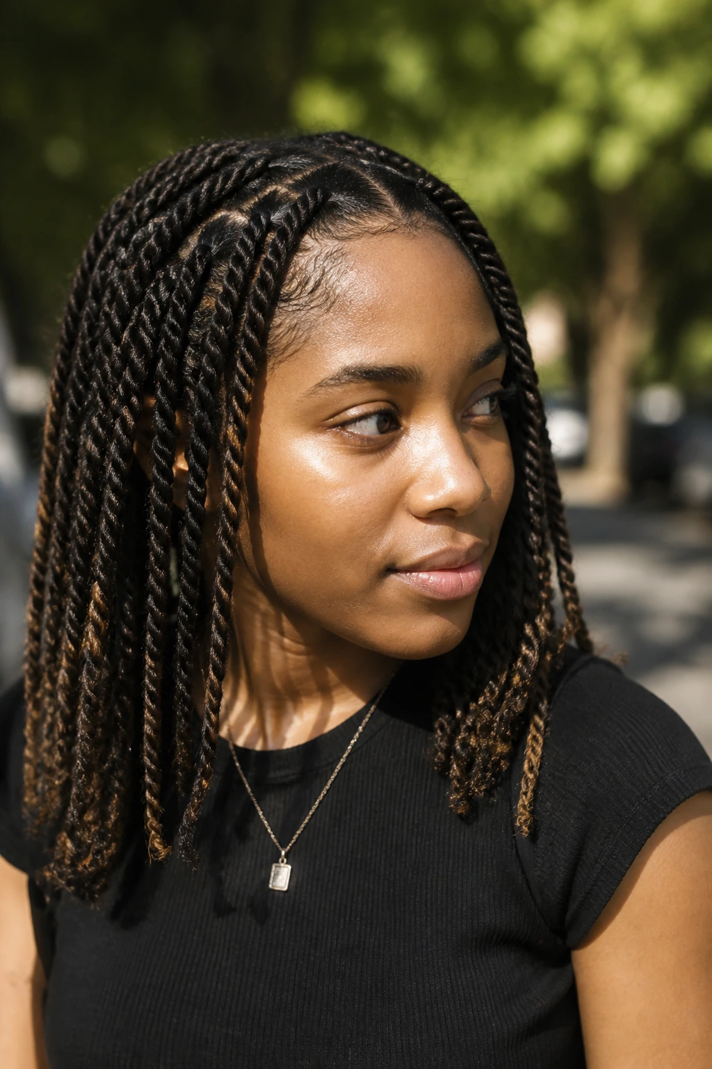 Close-up of a real student with two-strand twists in chocolate hair outdoors.