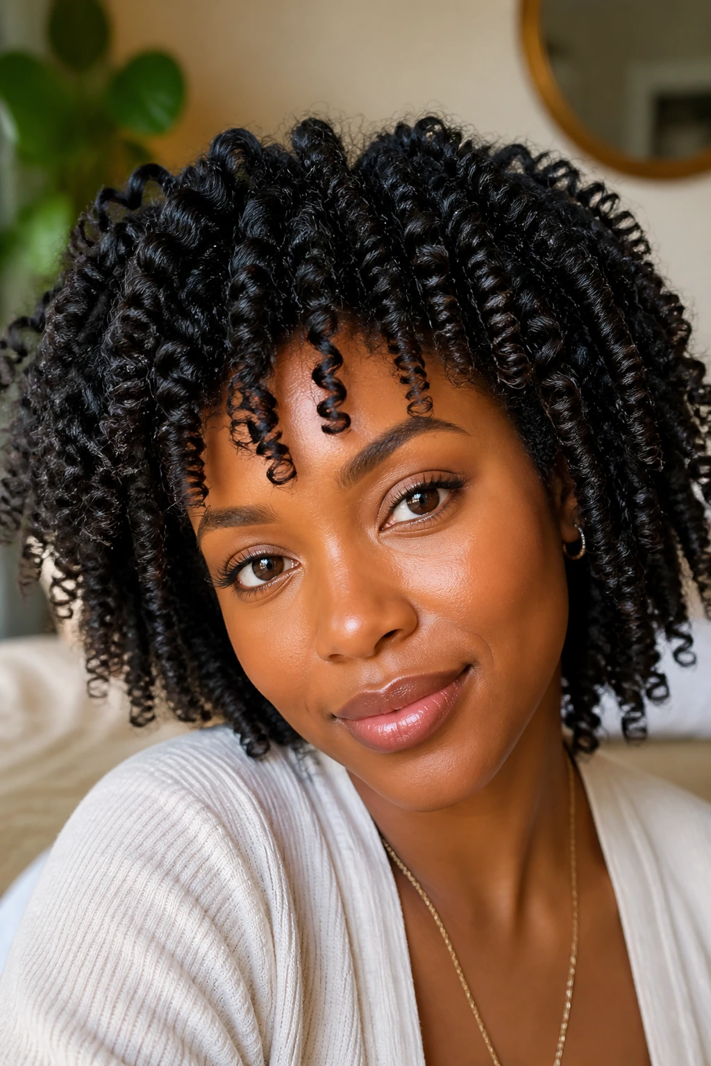 Close-up portrait of a person with a two-strand twist out and defined spirals