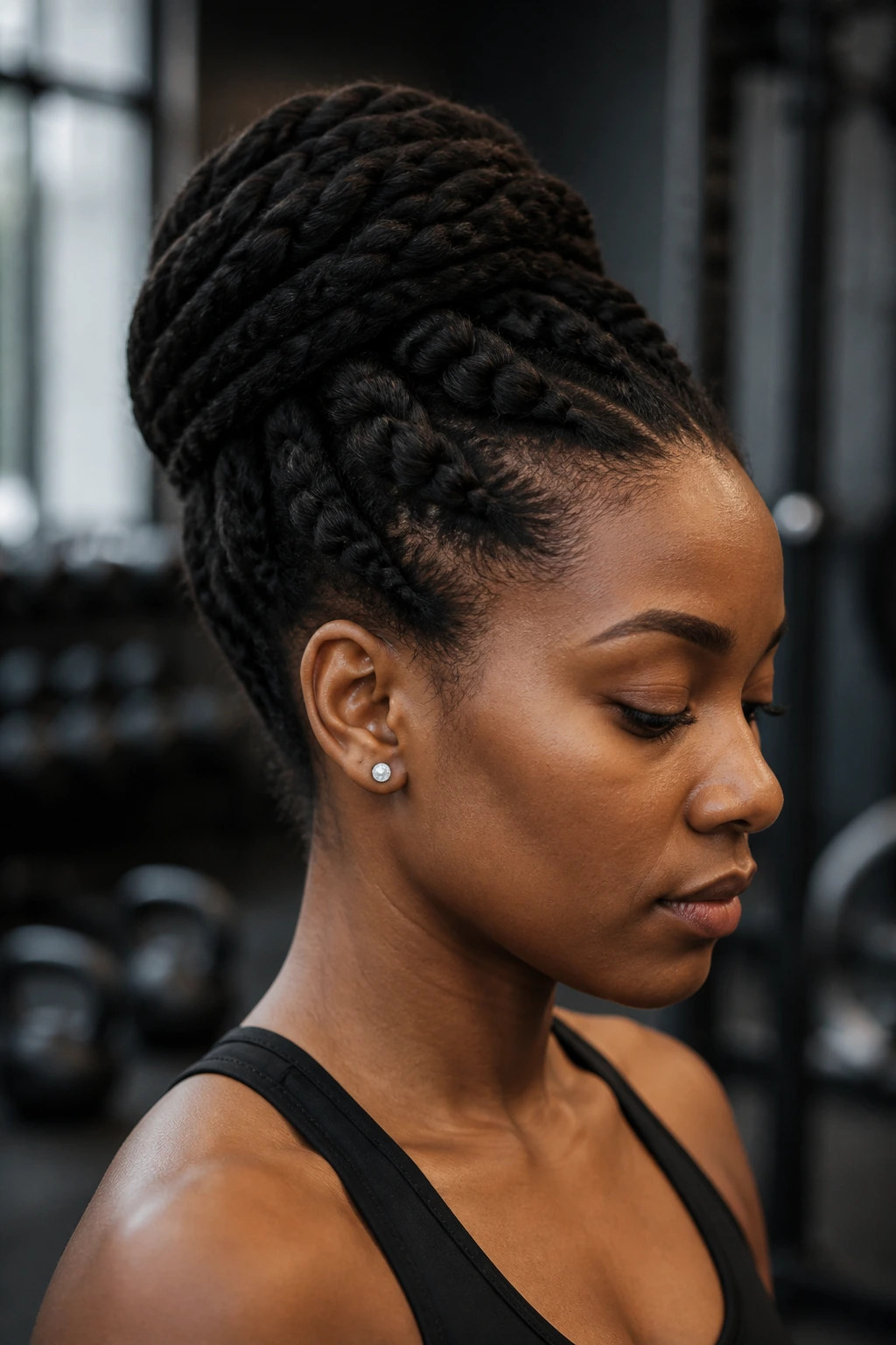 Close-up of a real person with two-strand twists pinned into an updo