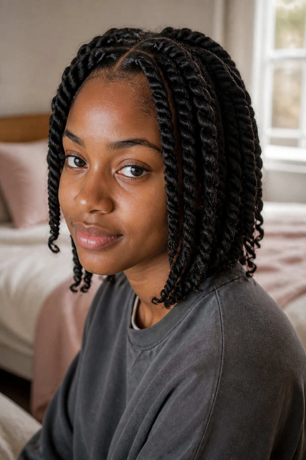 Close-up of a real person with chunky two-strand twists in a cozy bedroom.