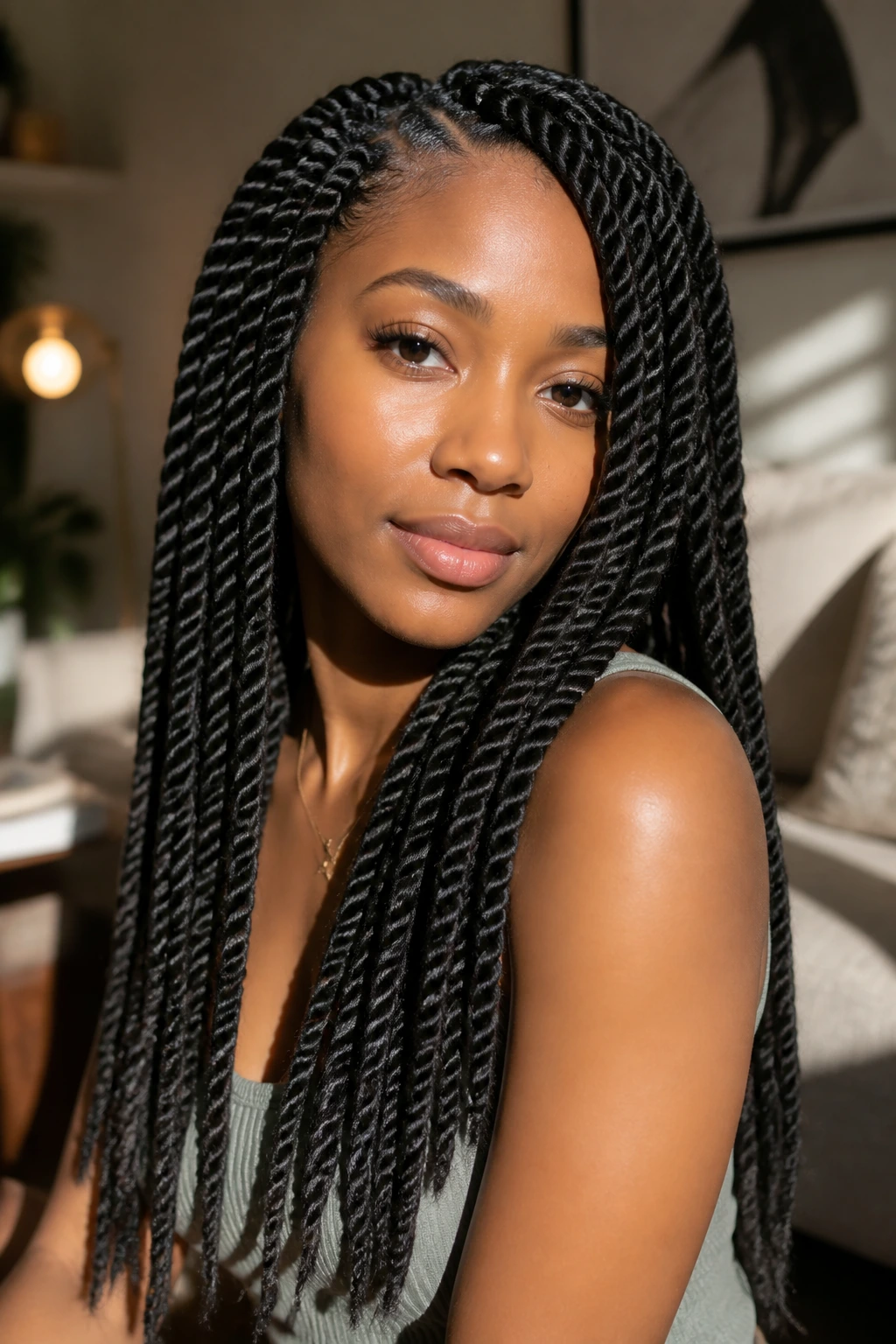 Close-up portrait of a woman with two-strand twists, focus on twisted hair texture
