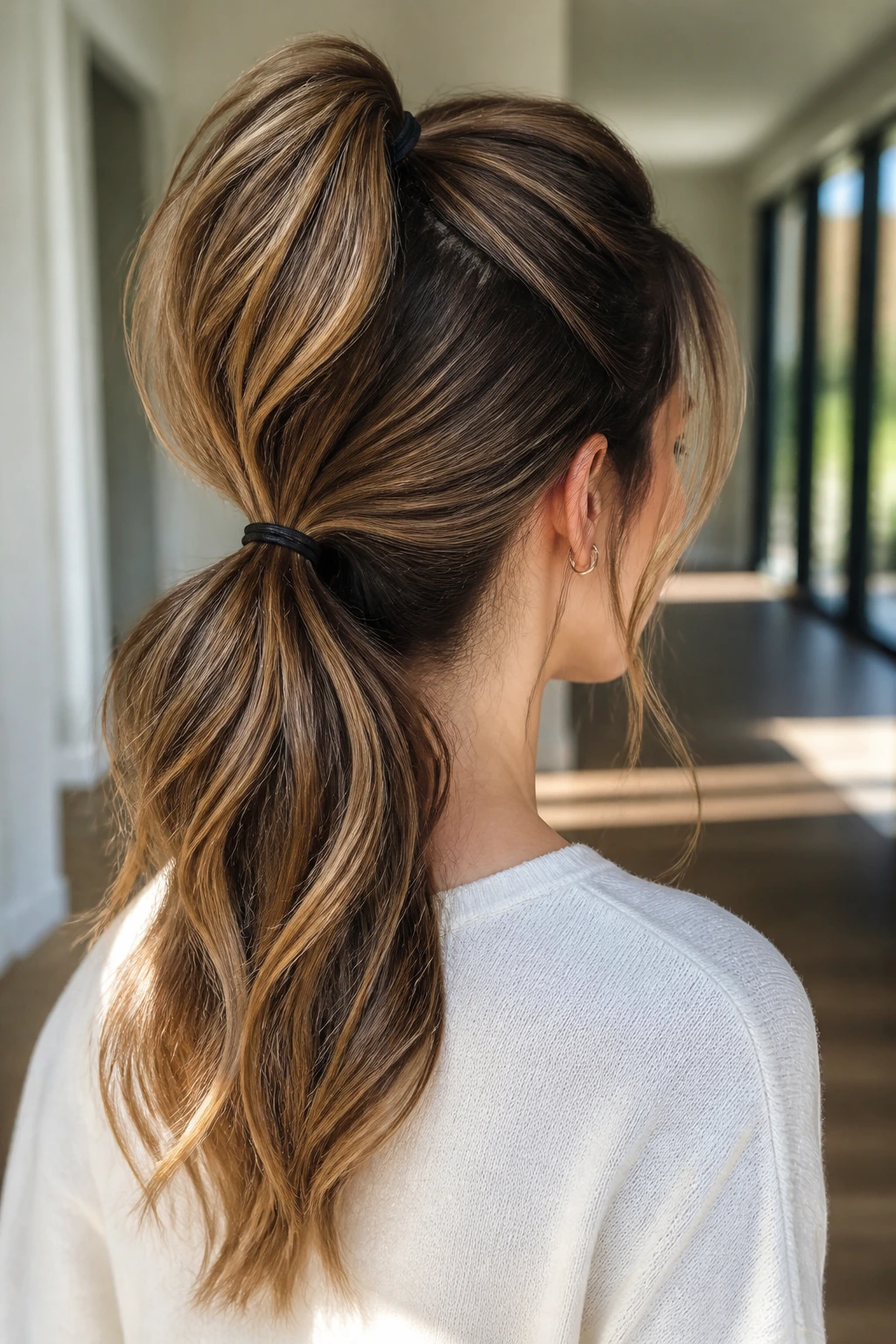 Rear view of a woman with two-tier high-volume ponytails