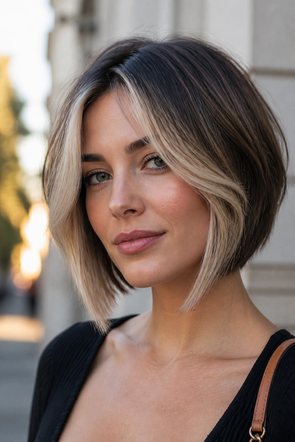 Close-up portrait of a real woman with a two-tone angled bob in an urban setting