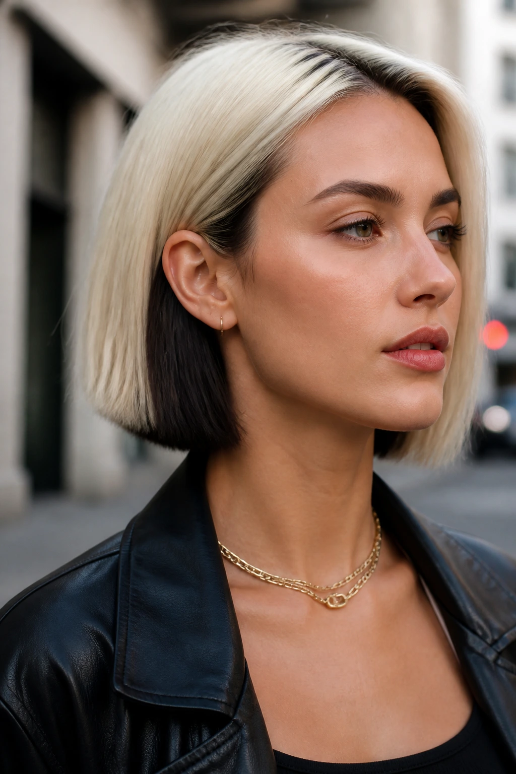 Real woman with a two-tone blonde bob showing dark roots and icy blonde top