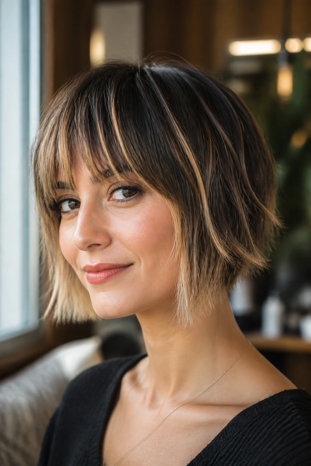 Close-up of a woman with a two-tone choppy bob and fringe