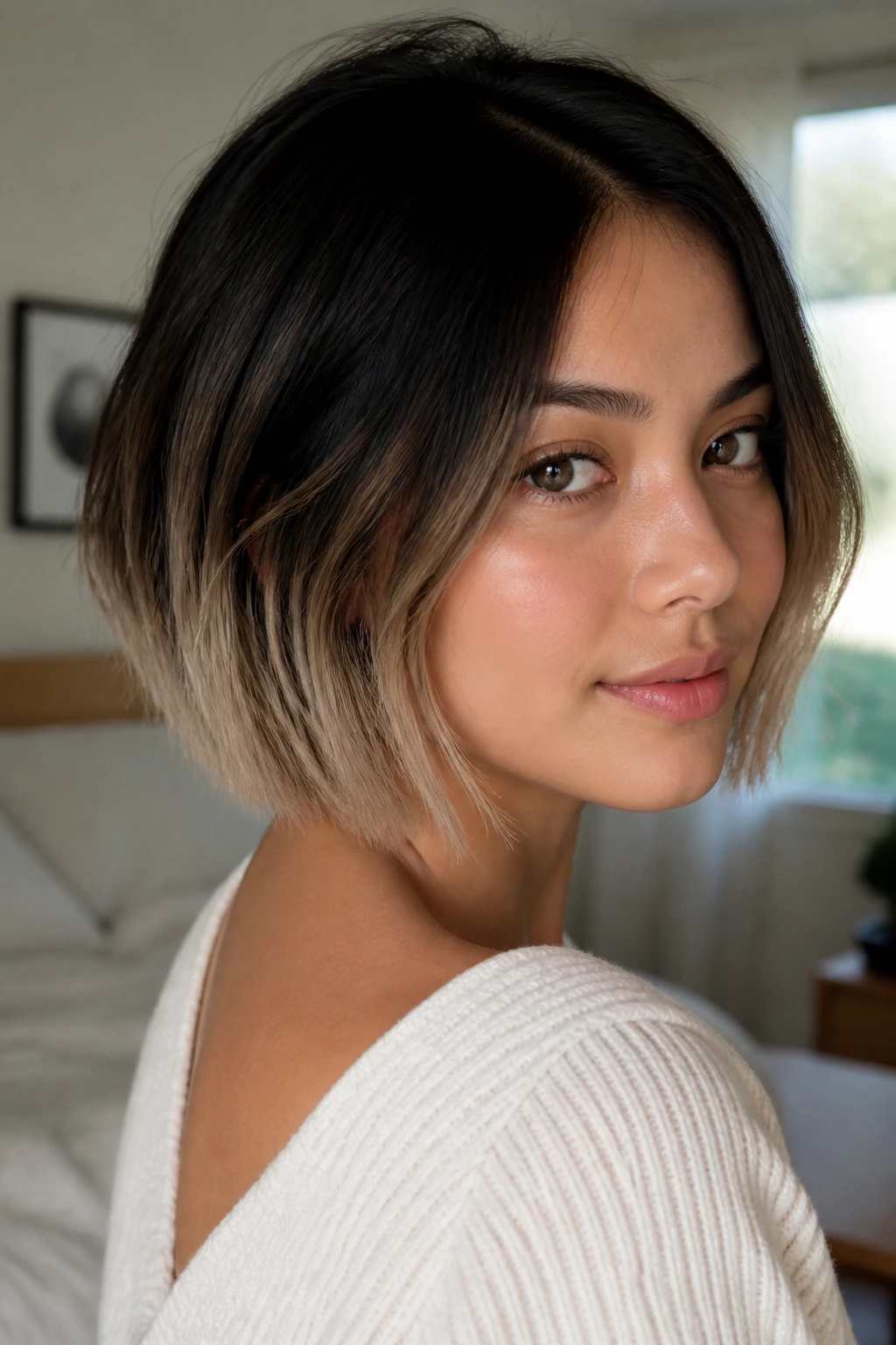 Close-up of a real woman with a two-tone bob featuring dark roots and lighter tips.
