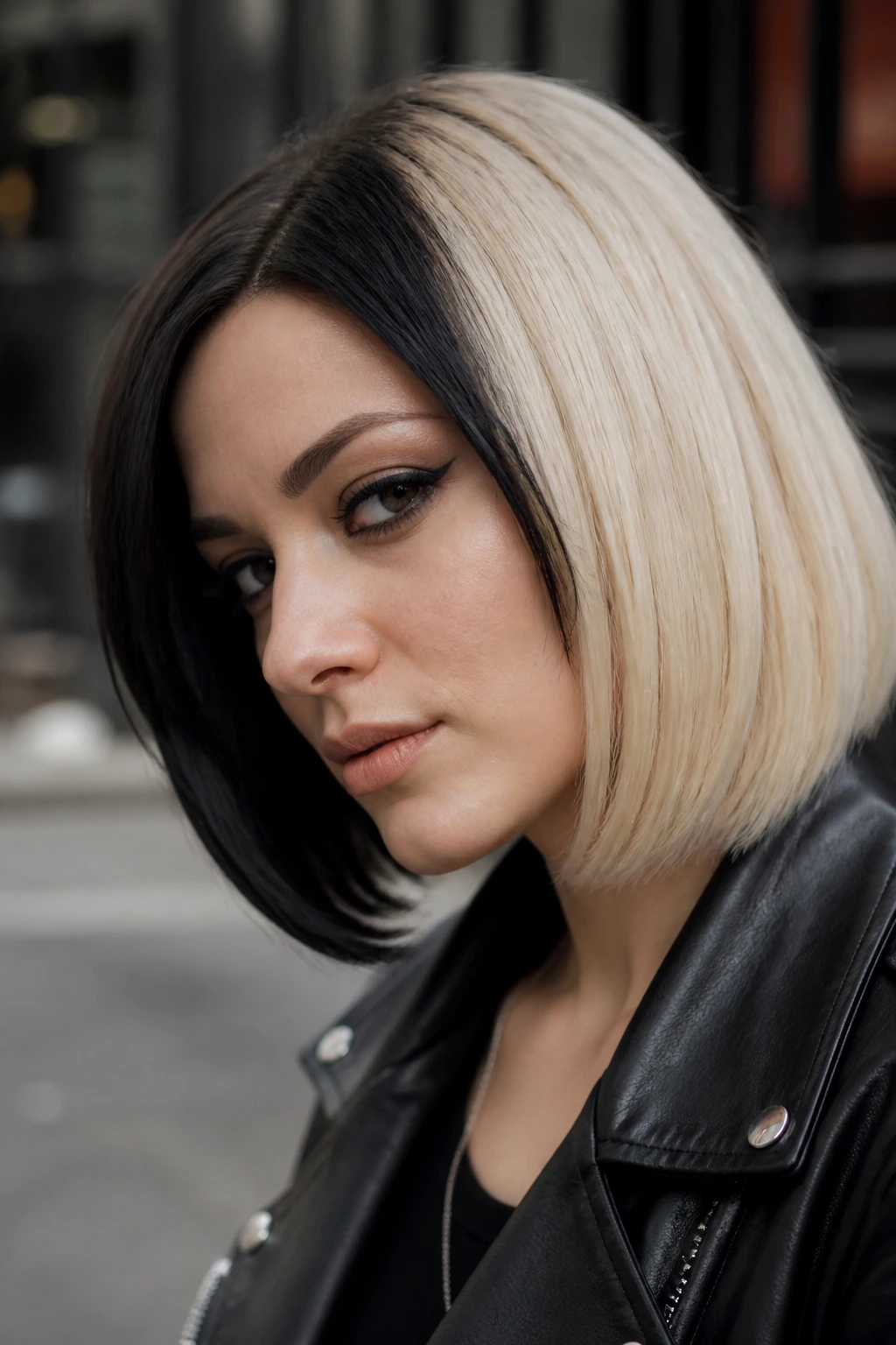 Portrait of a woman with a two-tone bob haircut showing color contrast