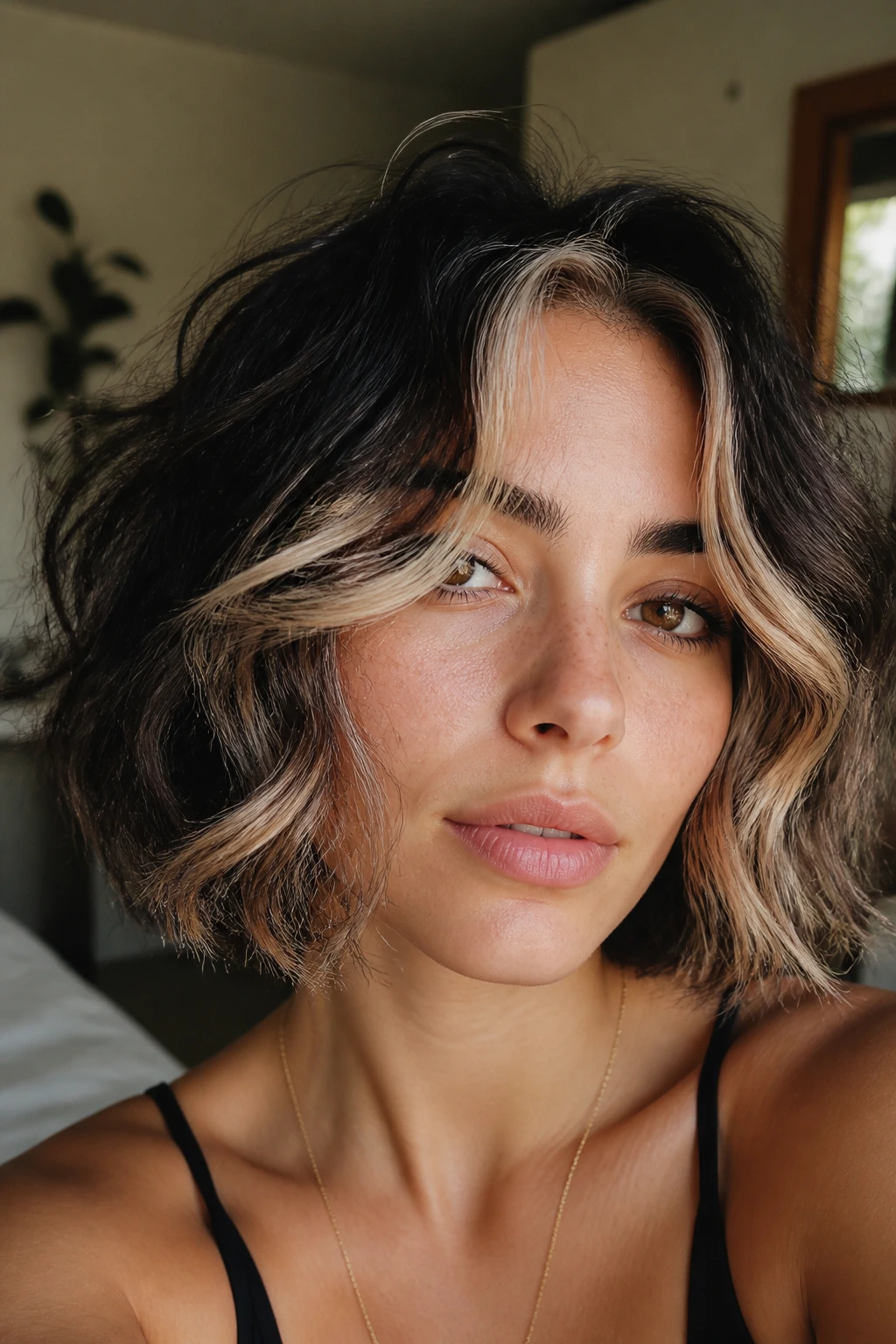 Close-up of a real woman with two-tone colored bob and face-framing highlights