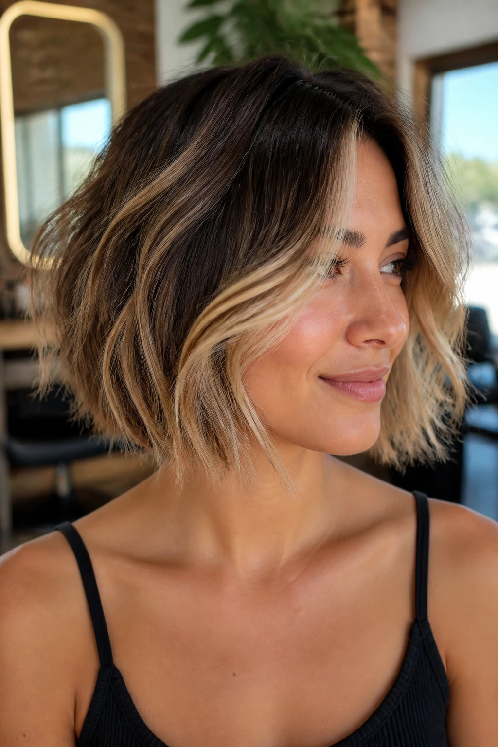 Close-up of a real woman with a two-tone textured bob and babylights in a sunlit salon