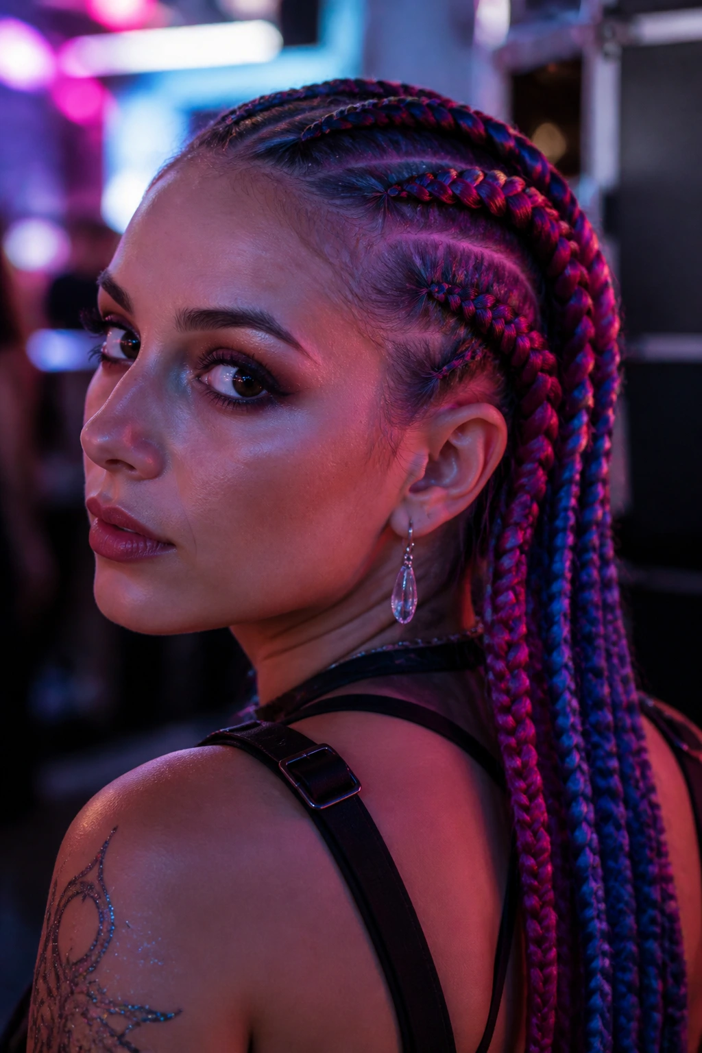 Close-up of a real person with two-tone braids created with color wax under neon lighting