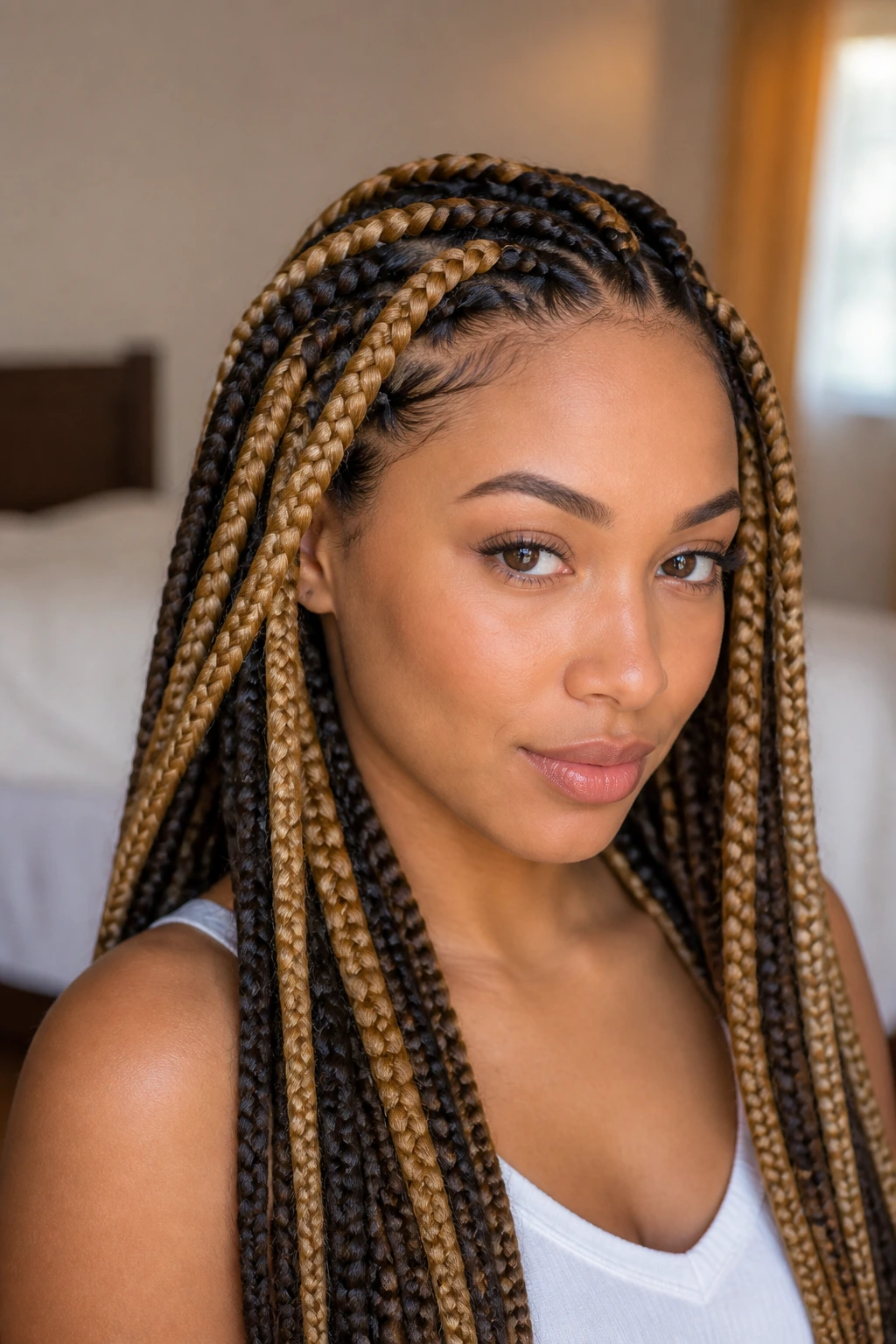Close-up portrait of a real person with two-tone braids blending dark and caramel colors