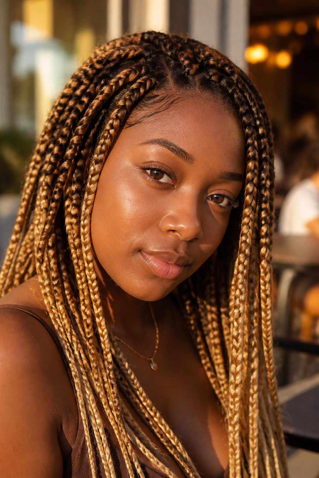 Close-up of two-tone braided hair in brown and honey tones on a real woman