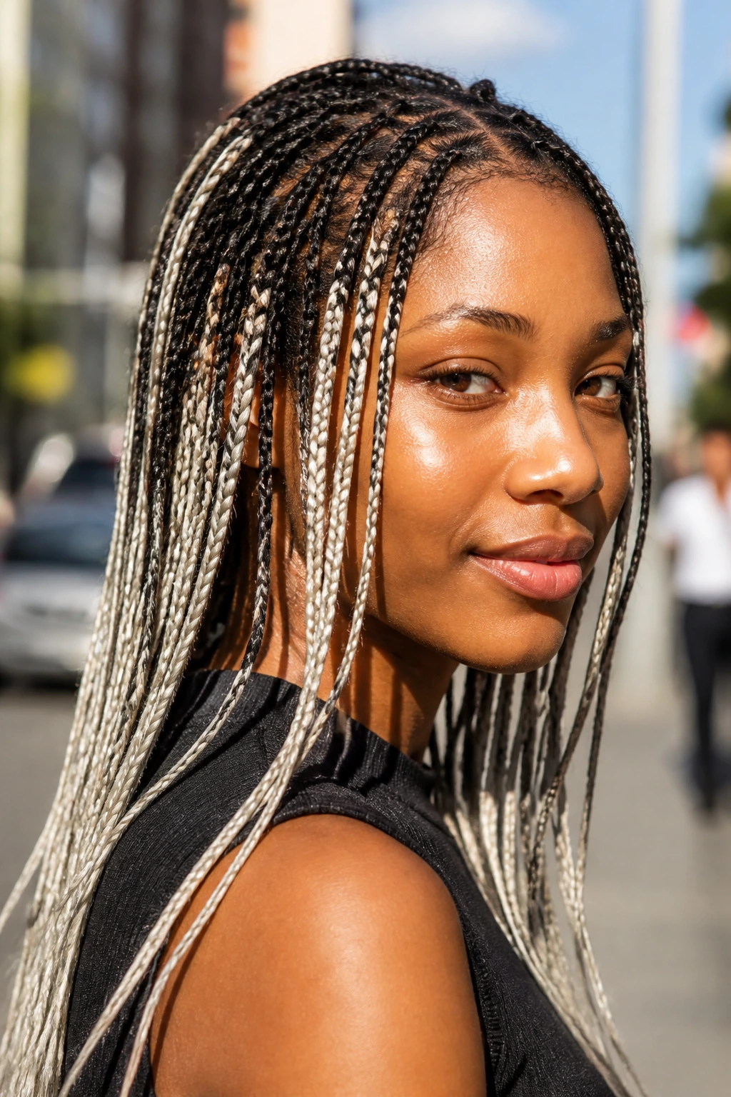 Portrait of a real woman with two-tone pencil braids in platinum and dark hair.