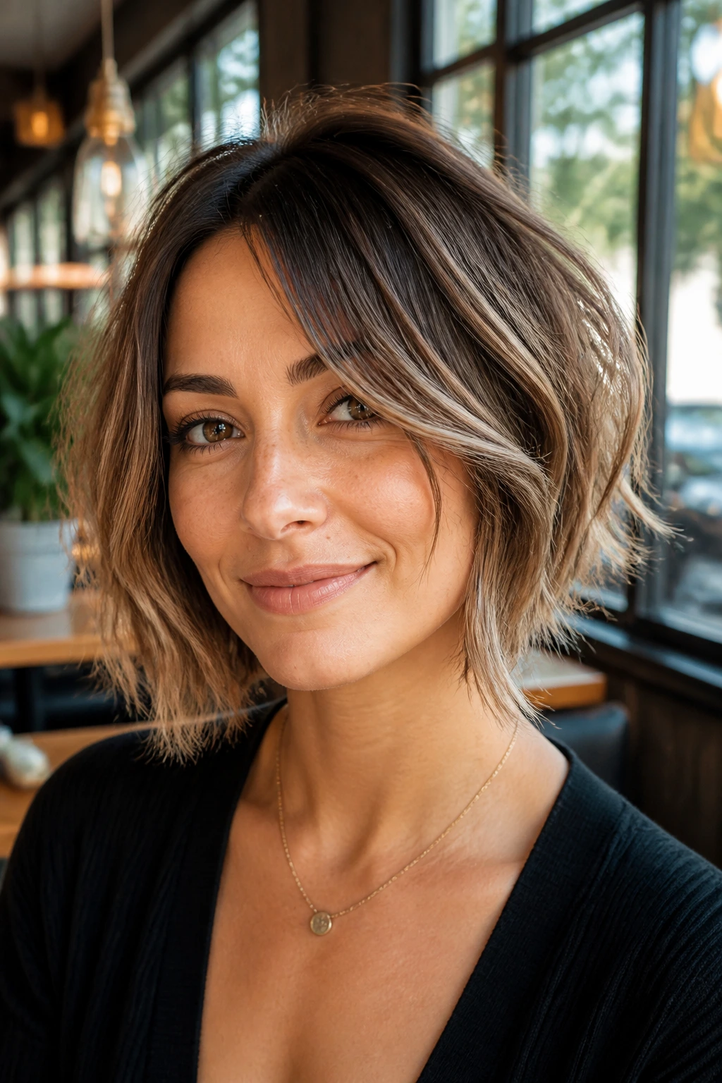 Close-up portrait of a real woman with two-tone choppy bob in warm daylight.
