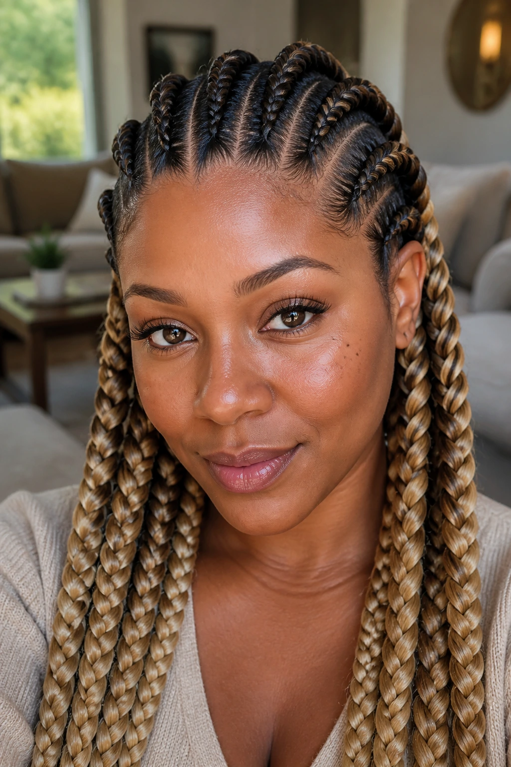Close-up of two-tone chunky cornrows on a real woman in a cozy living room