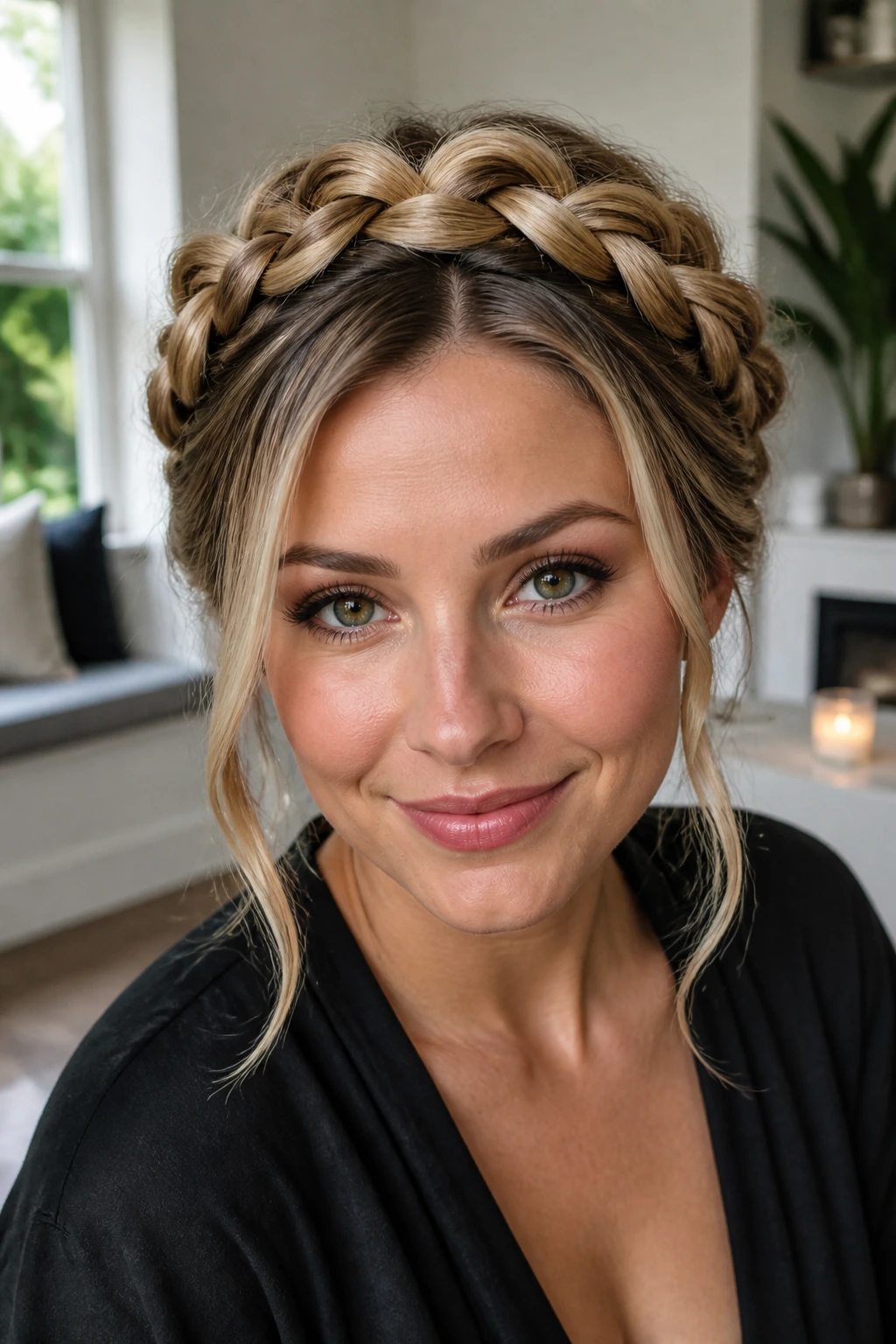 Close-up two-tone crown braid with highlights on a real woman