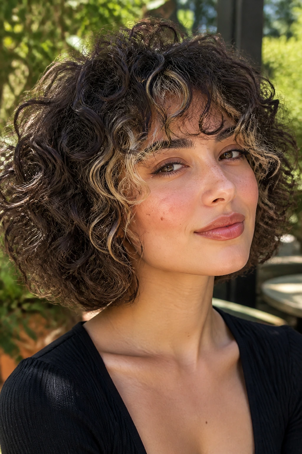 Close-up of a real person with two-tone curly bob and bangs in sunlit outdoor light