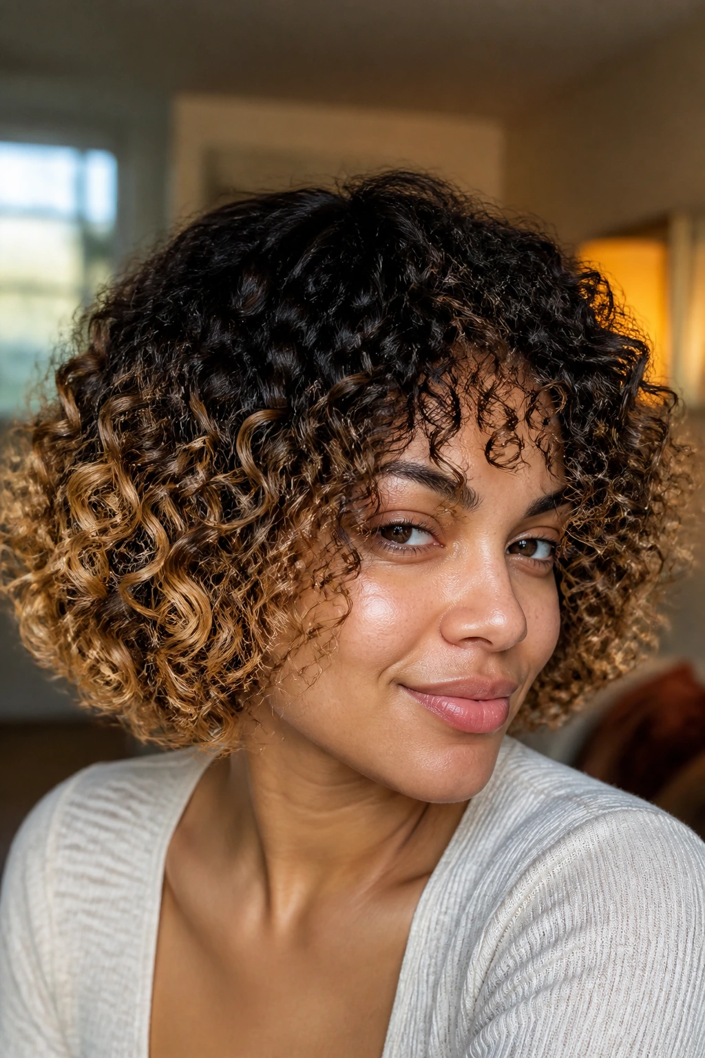 Close-up of real person with two-tone curly bob showing dark roots and light ends