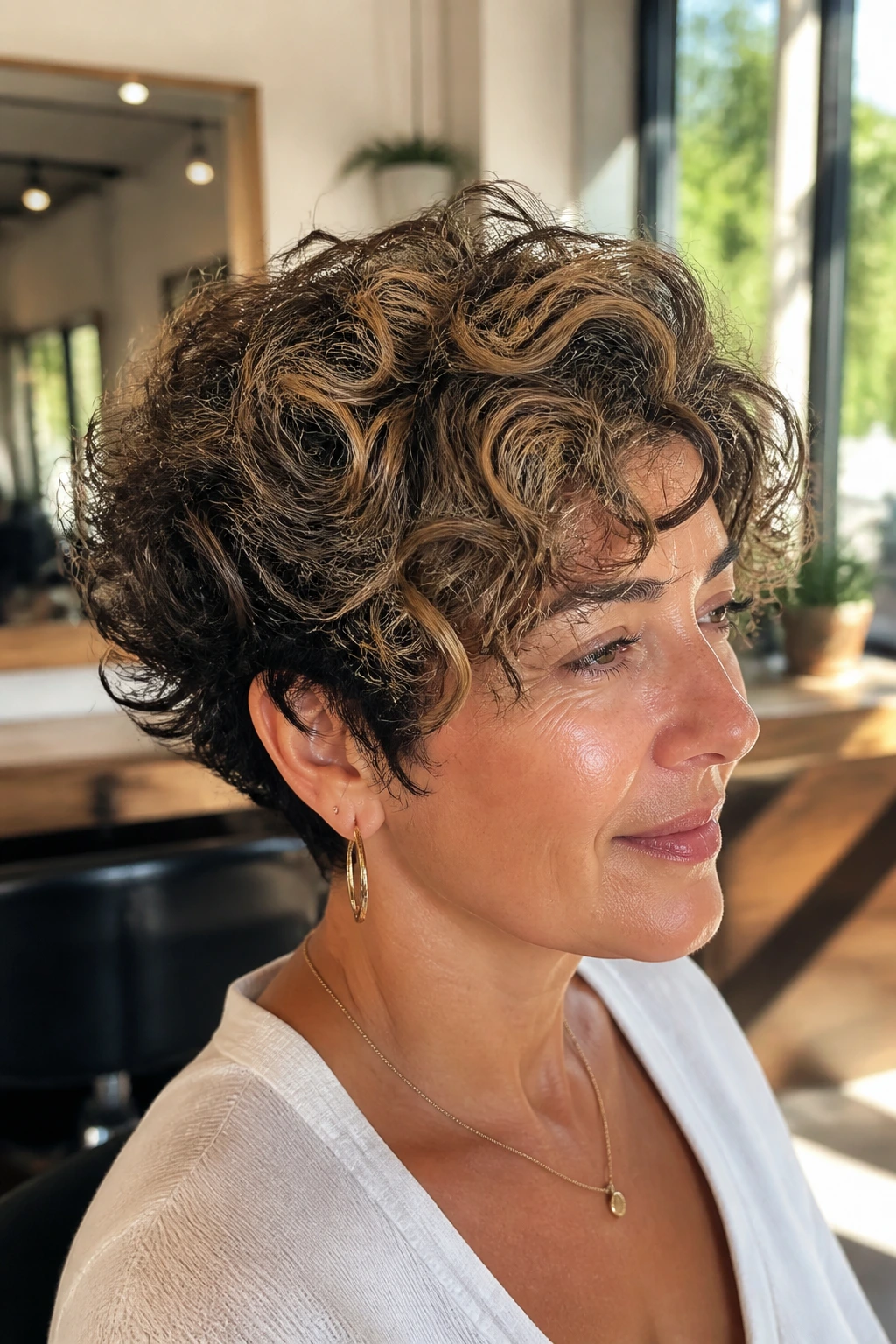 Close-up of a real woman with a two-tone curly stack (dark nape, lighter top) in warm window light.