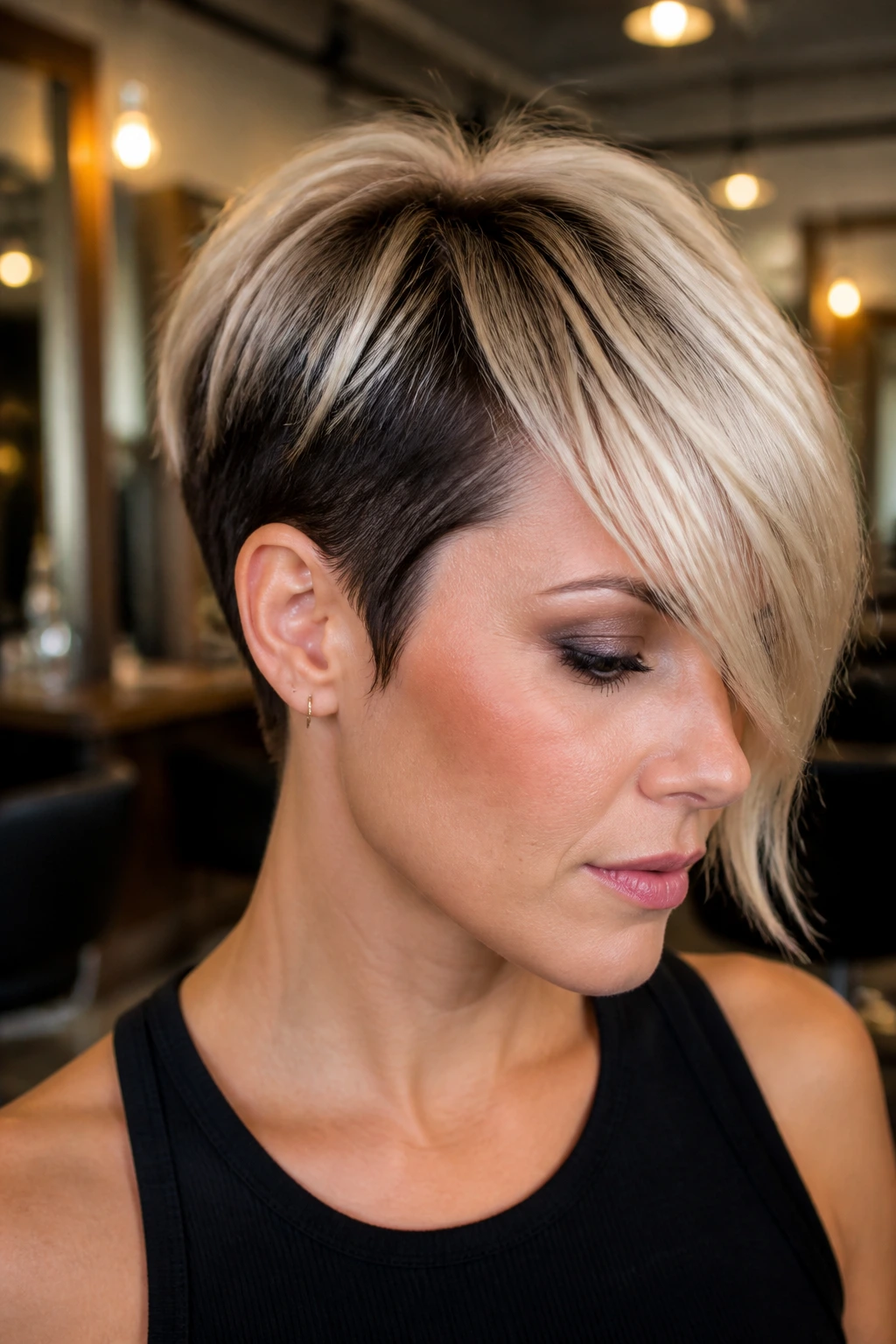 Close-up portrait of a person with a dark-nape short cut and light blonde bangs in a salon setting