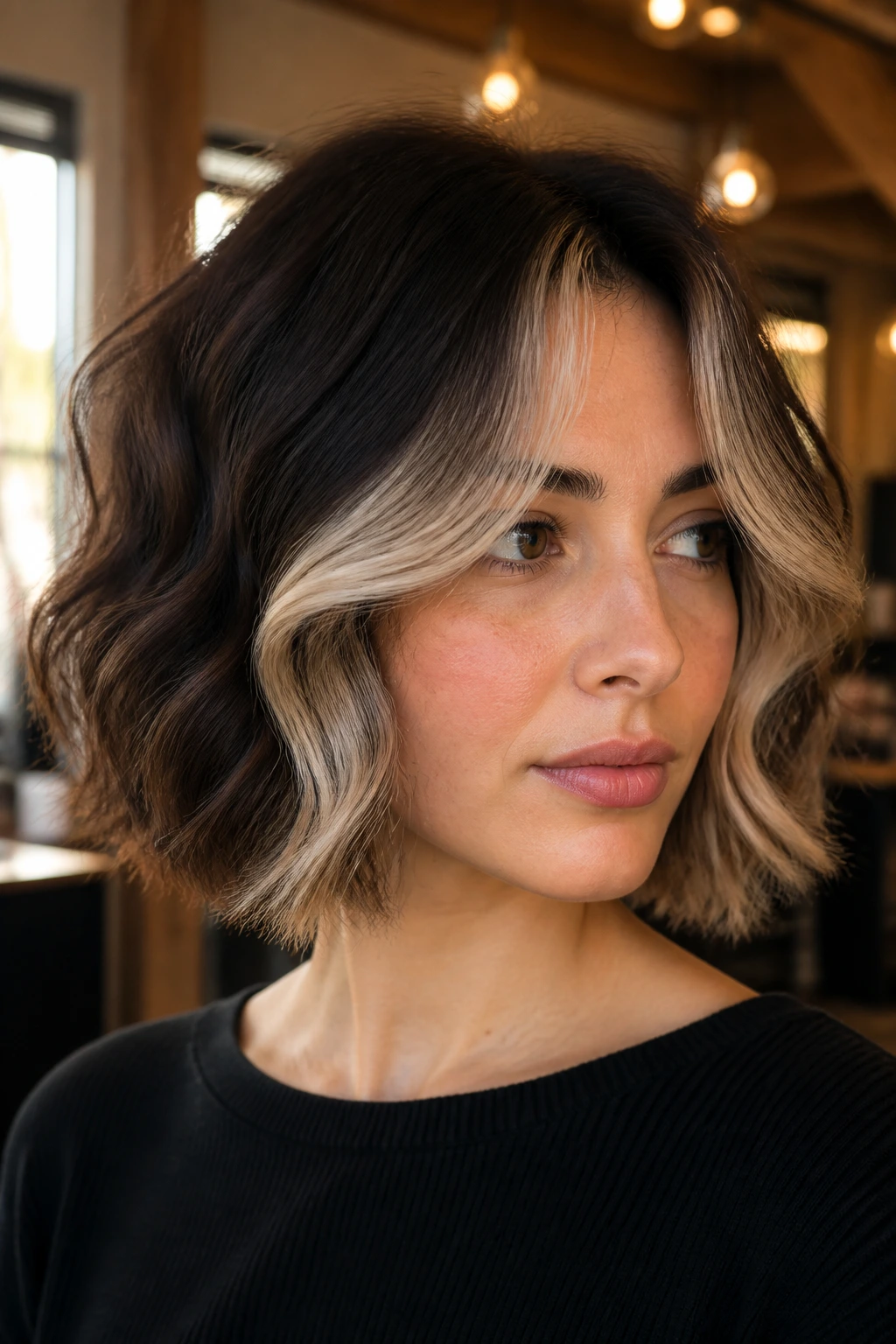 Close-up of a real woman with a two-tone curtain bang bob and wavy hair in warm salon light