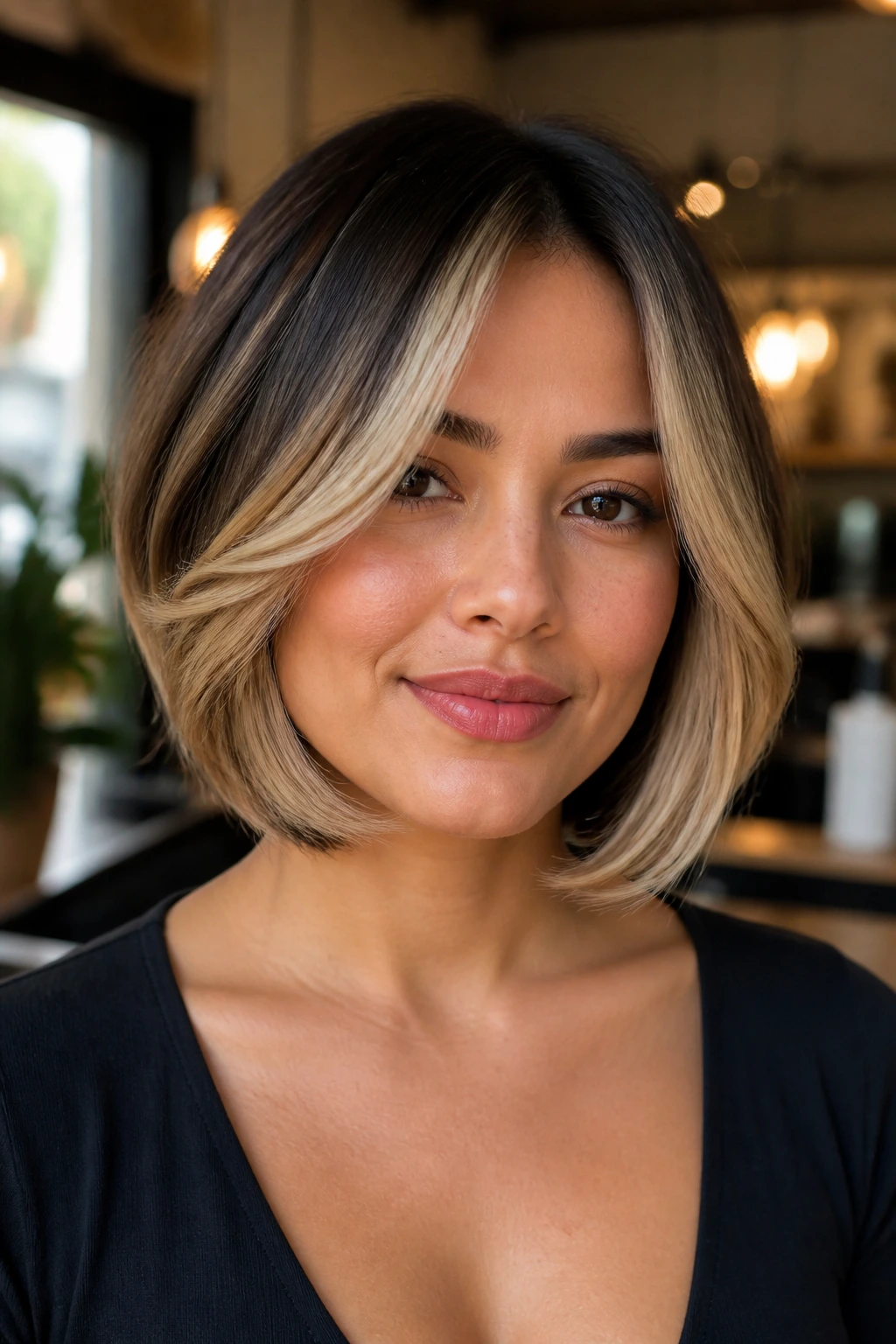 Close-up of a woman with a two-tone layered bob highlighting face-framing pieces
