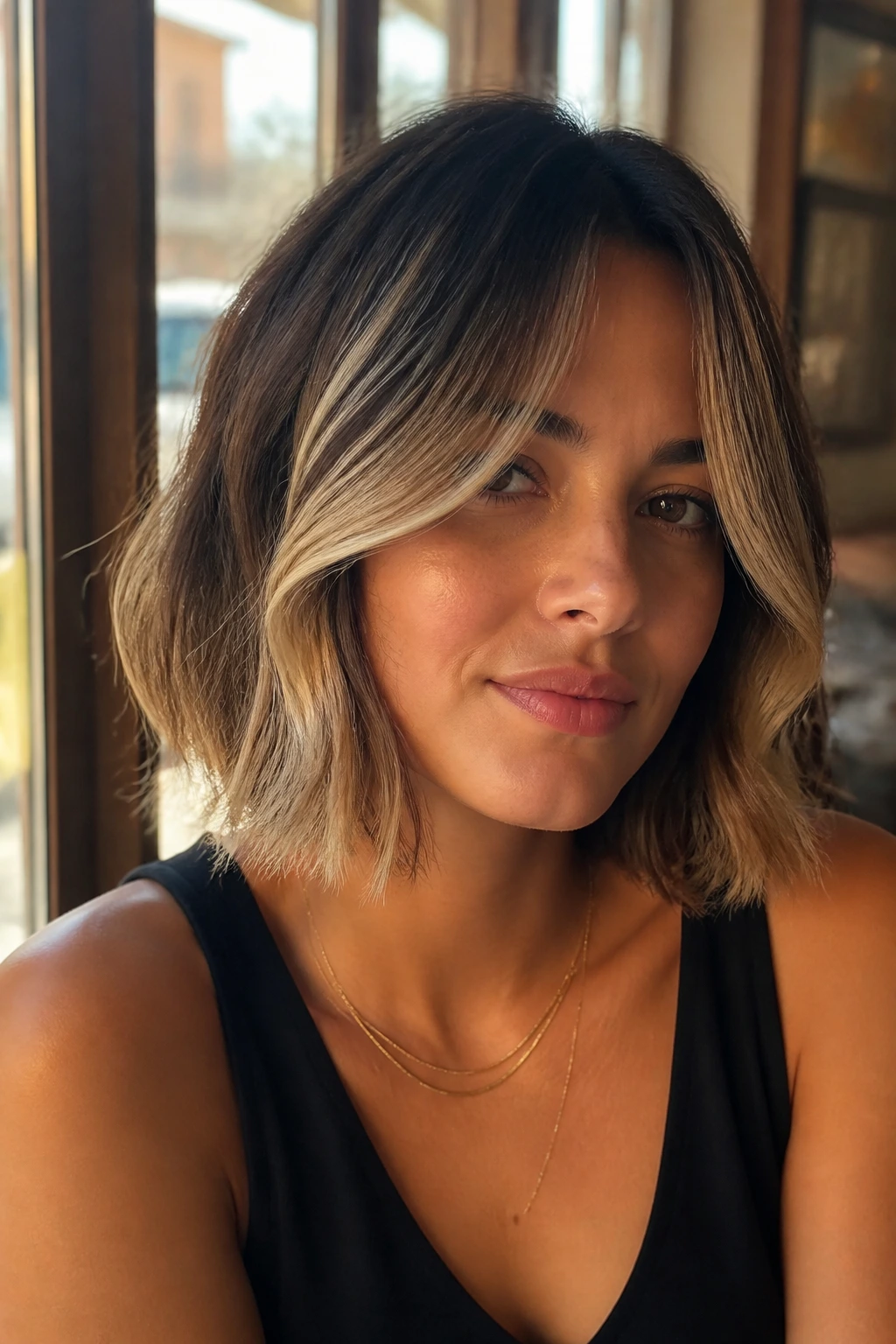 Portrait of a woman with two-tone highlighted bob and curtain bangs by a sunlit cafe window.