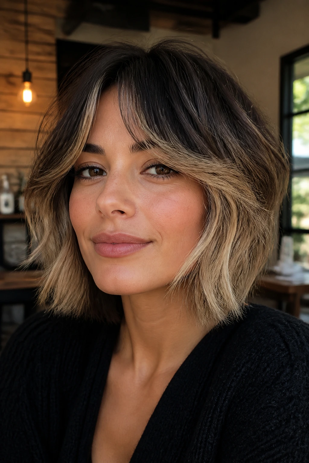 Close-up of a real woman with two-tone highlighted shaggy bob and curtain bangs in a cafe setting