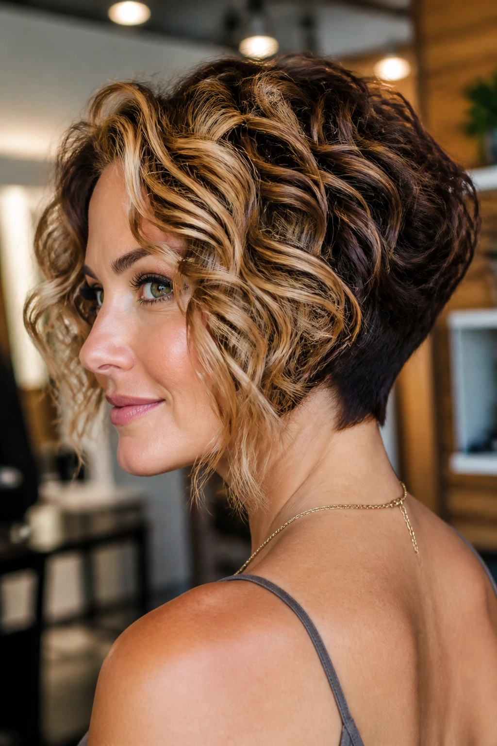 Portrait of a woman with two-tone inverted bob color melt