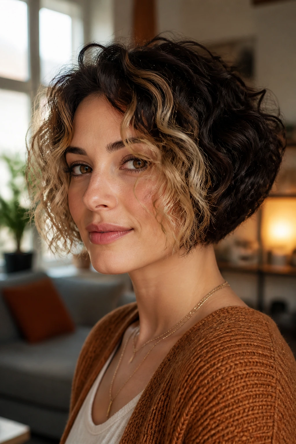 Close-up of a real woman with a two-tone inverted bob featuring light-front framing against a warm living room background