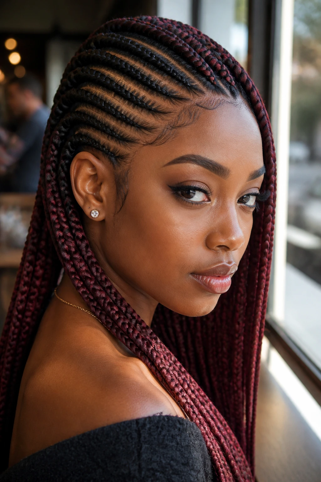Close-up of a real woman with black-to-burgundy two-tone lemonade braids