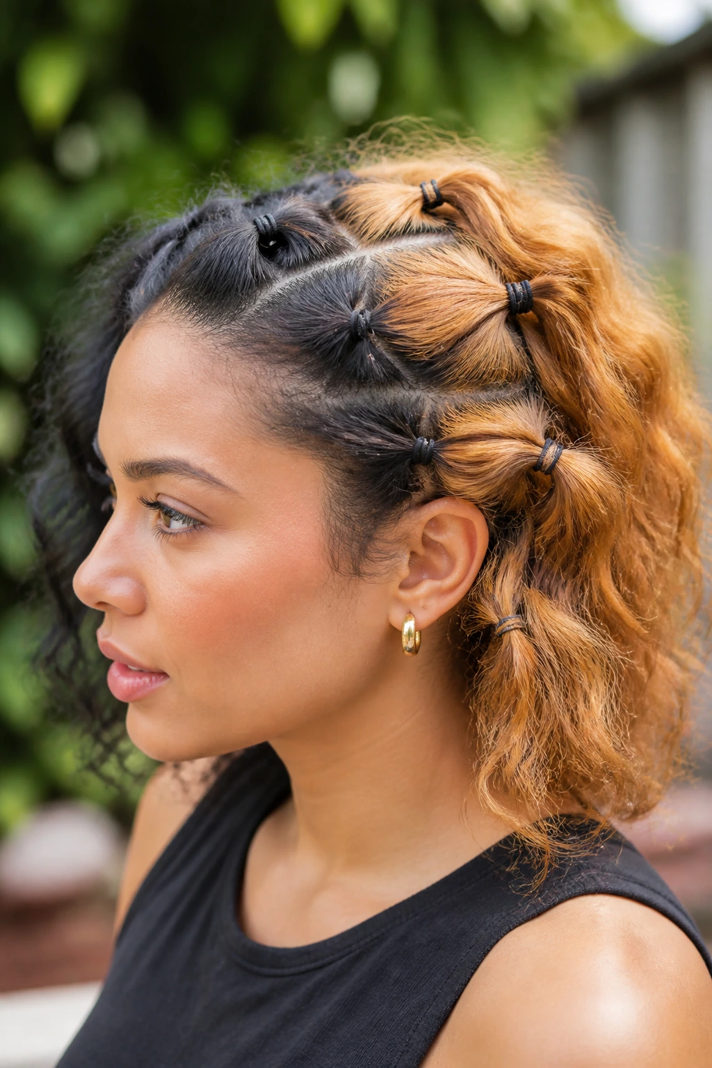 Profile view of a woman with two-tone micro ponies at the crown.