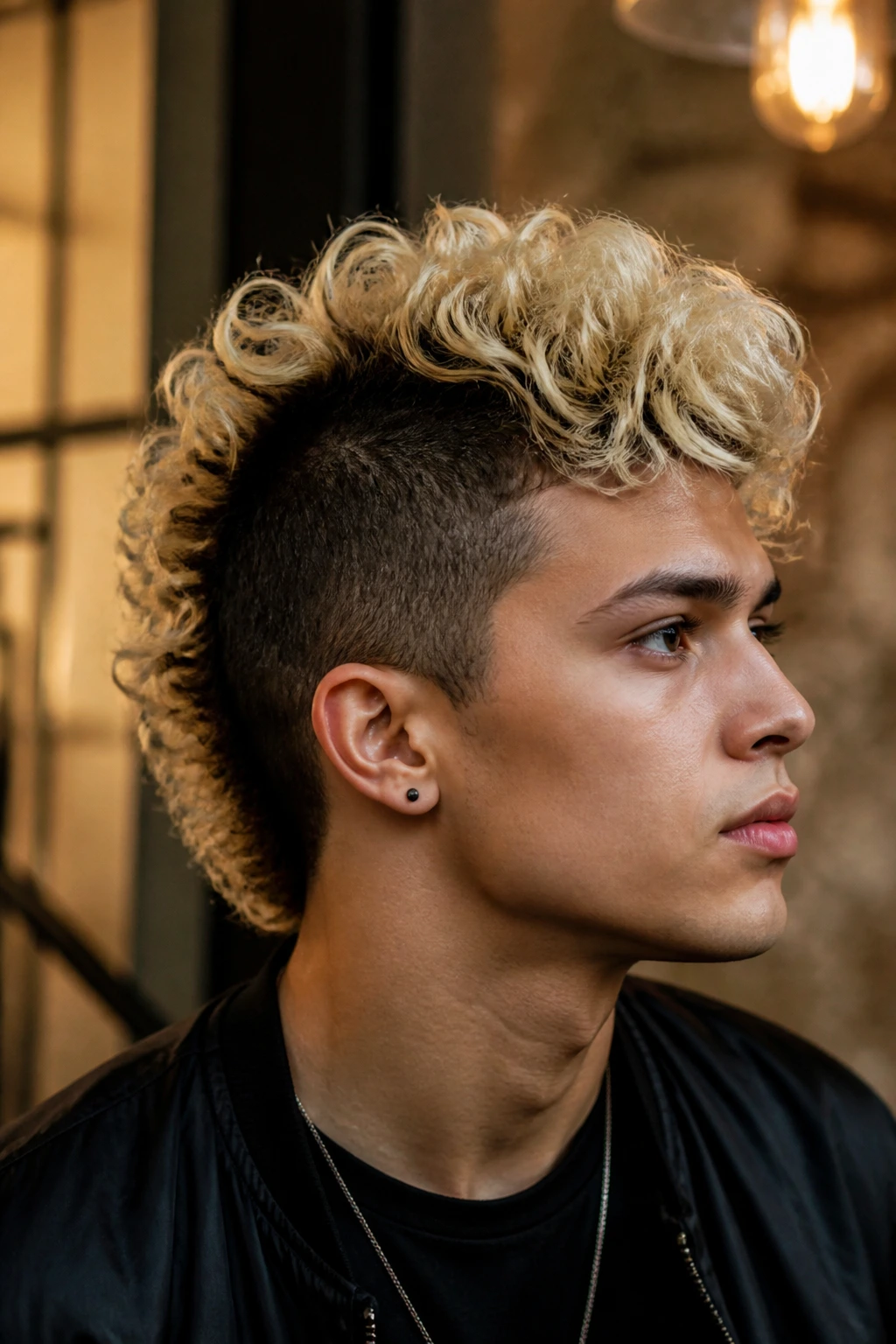 Close-up of a person with a bleached top and dark sides two-tone mohawk.