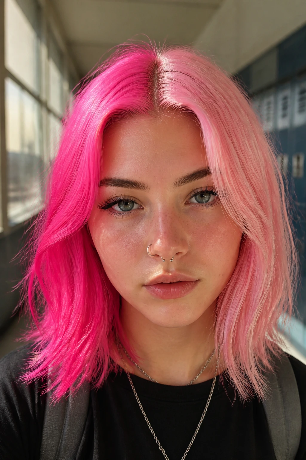 Close-up of a real person with a two-tone pink split hairstyle in a school hallway