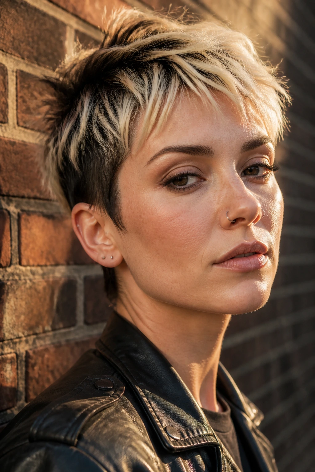 Close-up of a real woman with a two-tone pixie haircut on an urban street at golden hour