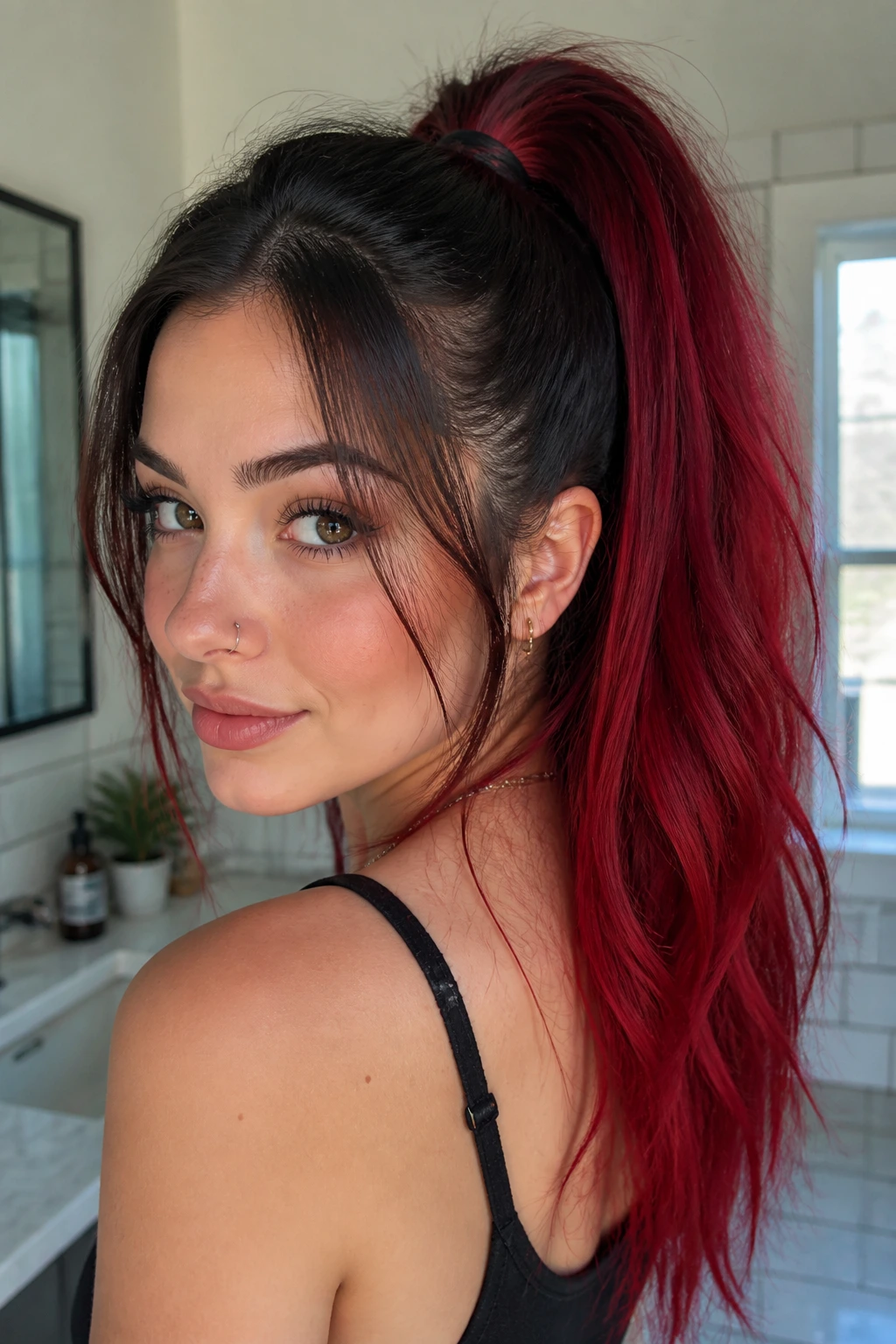 Portrait of woman with high-contrast red-underlay ponytail