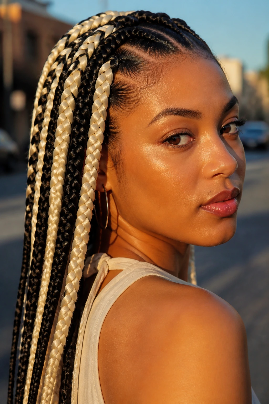 Real woman with black and platinum blonde braids in high-contrast two-tone color