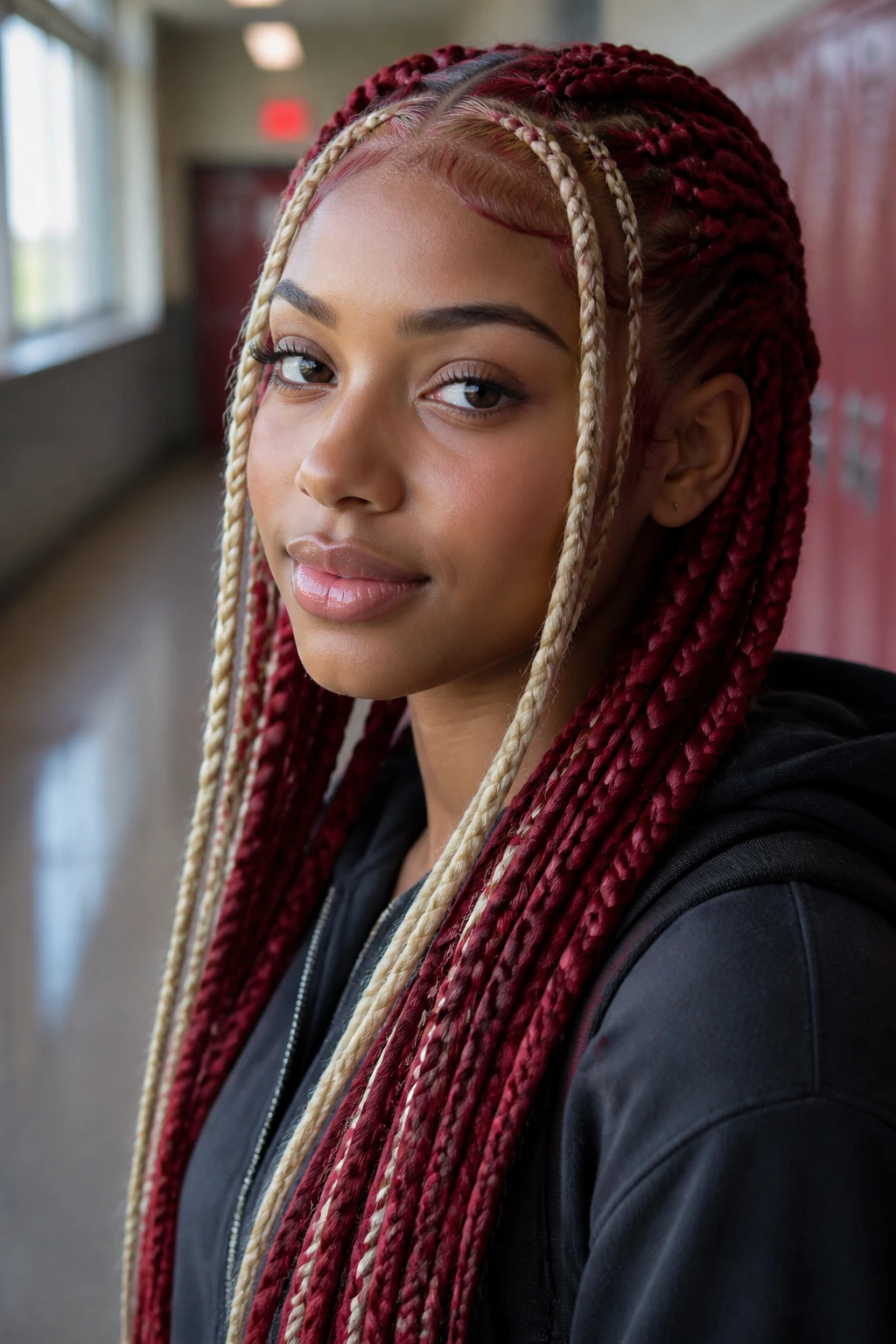 Close-up of a real student with two-tone red and blonde braids in a school hallway