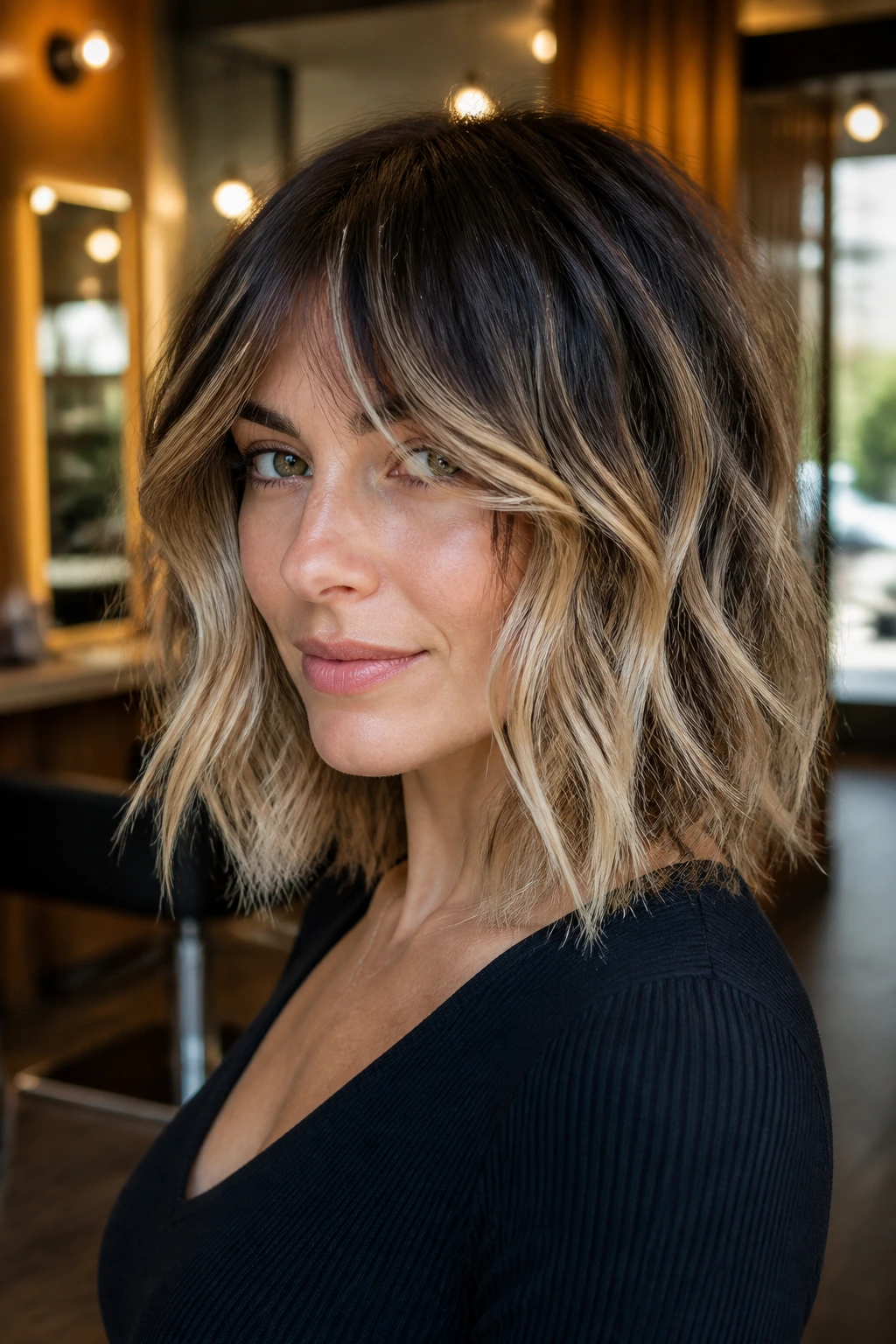 Close-up portrait of a real woman with a two-tone shag hairstyle, shoulder-length, dark roots and light ends.