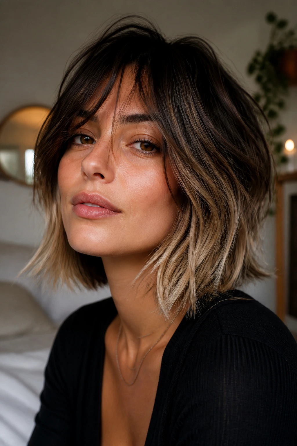 Close-up portrait of a real woman with a two-tone shag and lighter end highlights