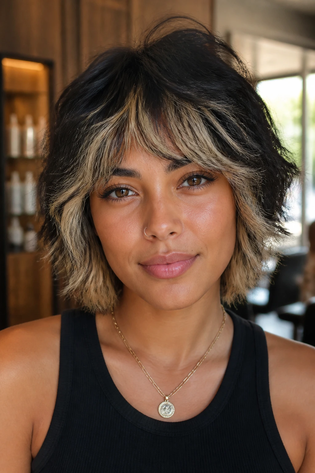 Close-up portrait of a woman with a two-tone shag haircut featuring dark roots and lighter fringe, in a warm salon setting.