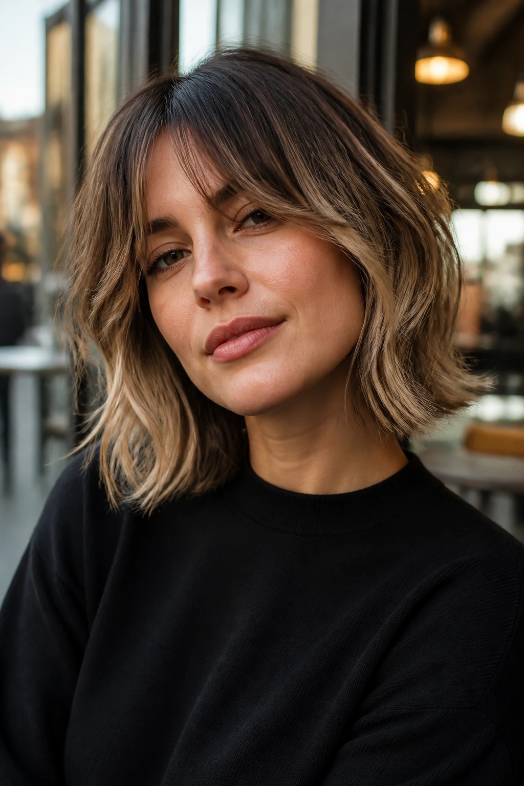 Portrait of a person with two-tone shag hair in cafe window light