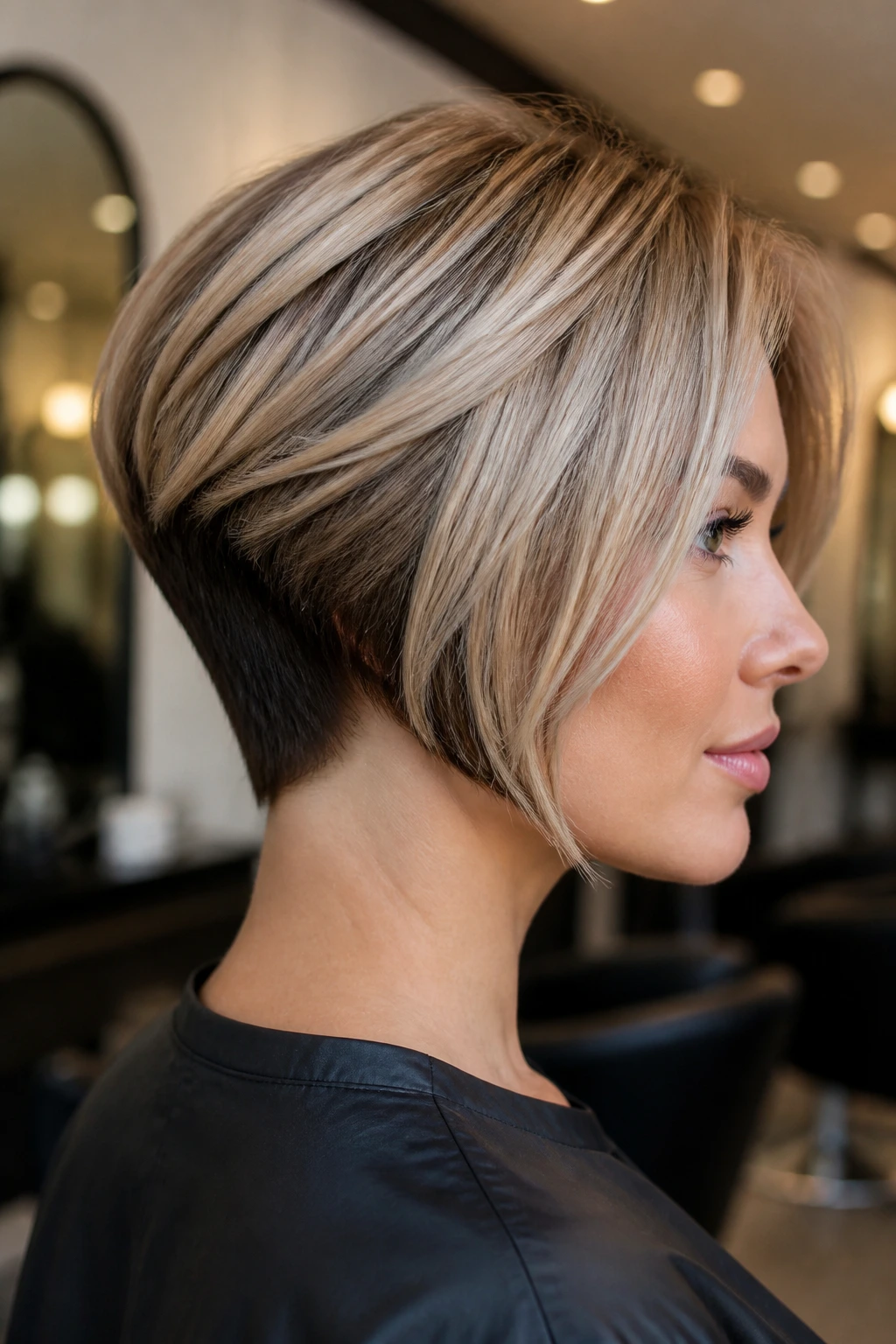 Close-up of a real woman with a two-tone stacked bob featuring a dark nape and light top layers
