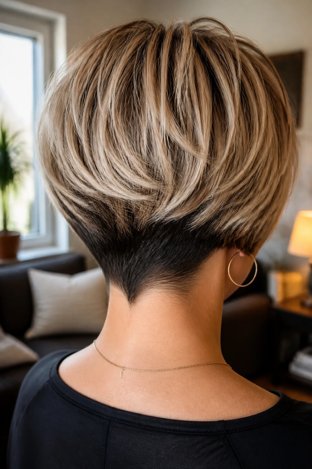 Back view close-up of a real woman with a two-tone stacked bob, dark nape and lighter crown