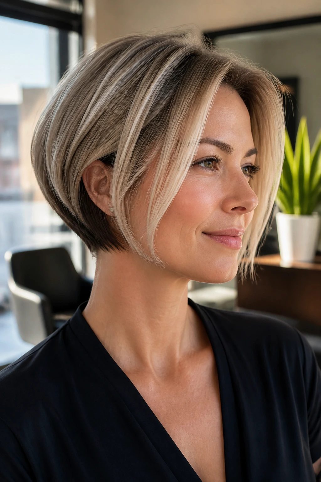 Close-up portrait of a real woman with two-tone stacked bob in salon lighting