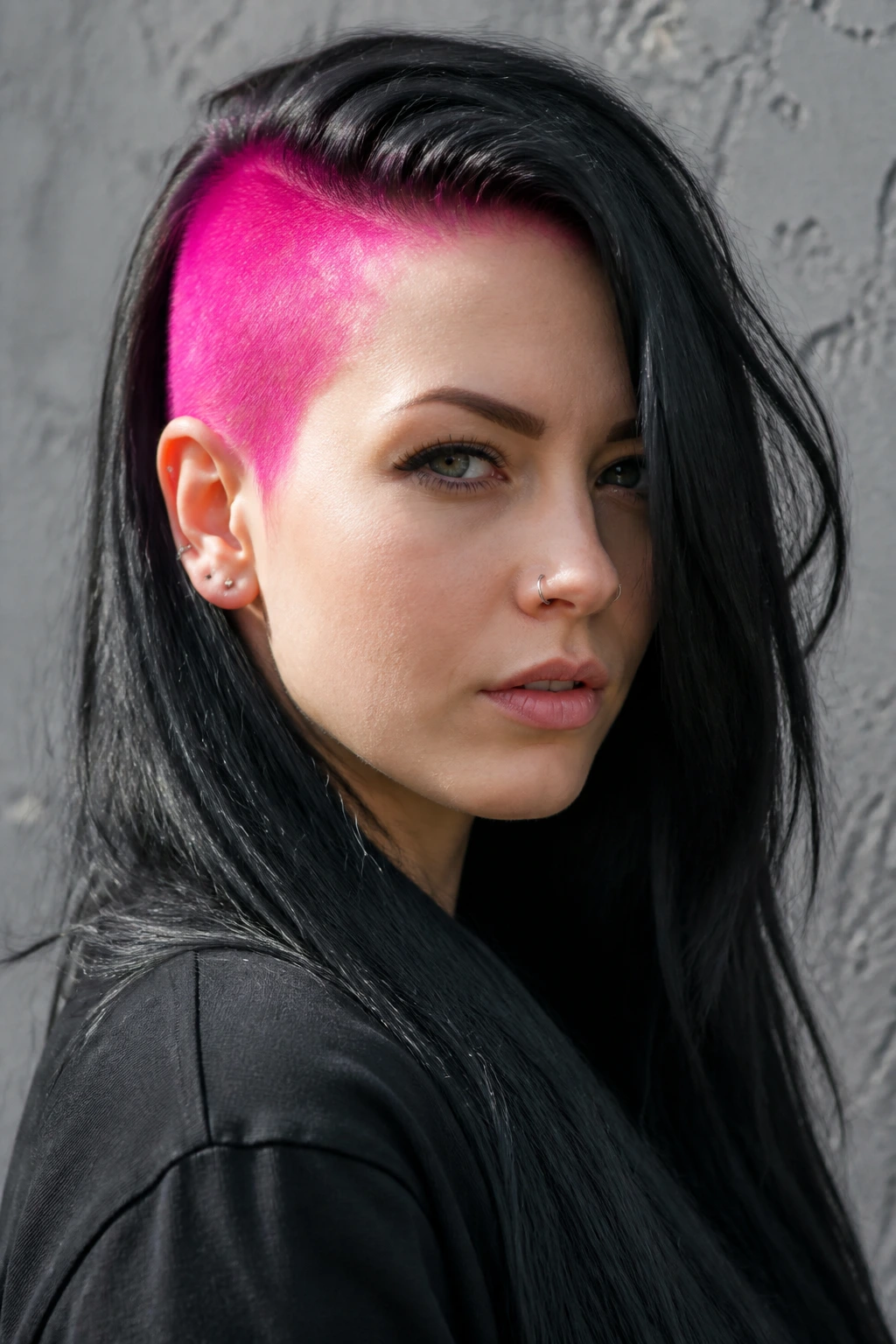 Close-up portrait showing neon pink shaved crown against black long hair.