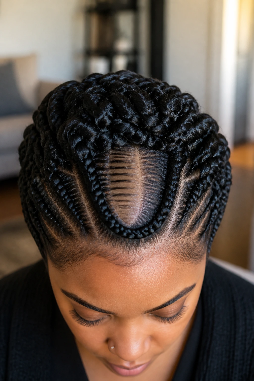 Real woman with a U-part crown braid around the crown