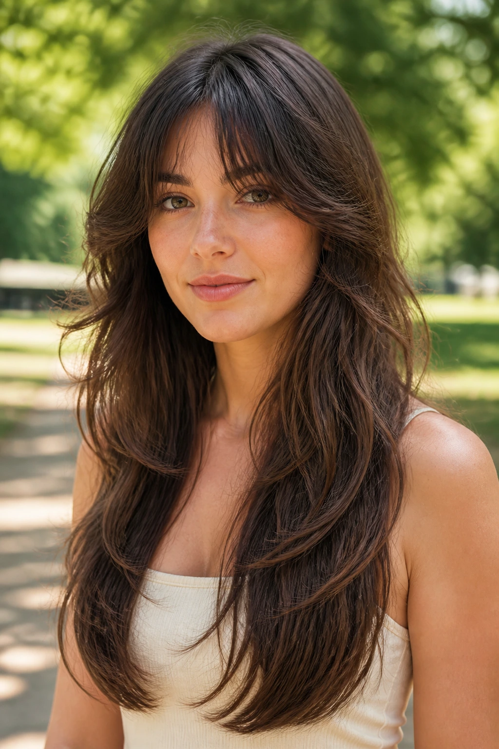 Real person with long U-shaped layers and bottleneck bangs in natural daylight.
