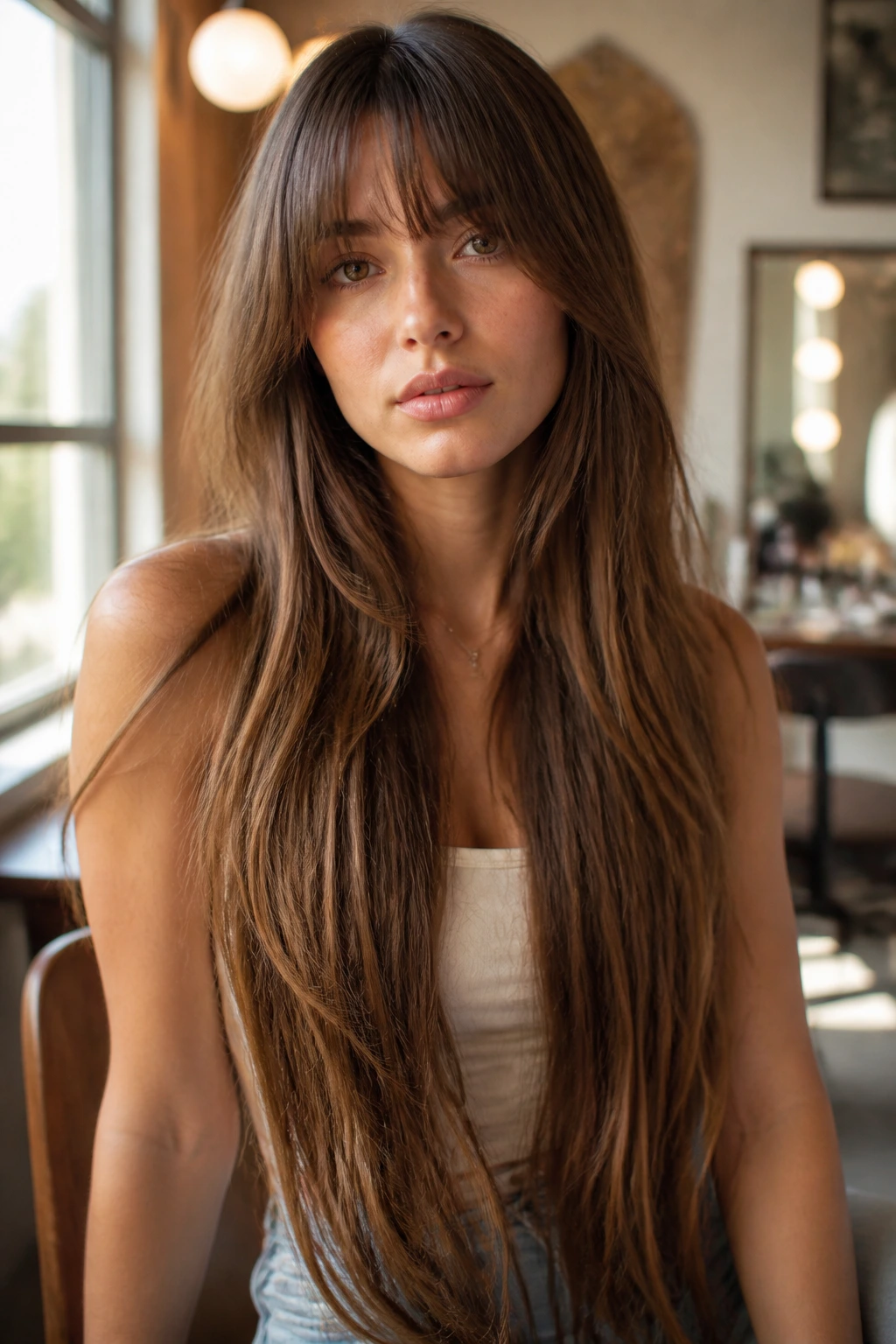Close-up portrait of a real woman with ultra-long hair and a blending fringe in a warm dressing room.